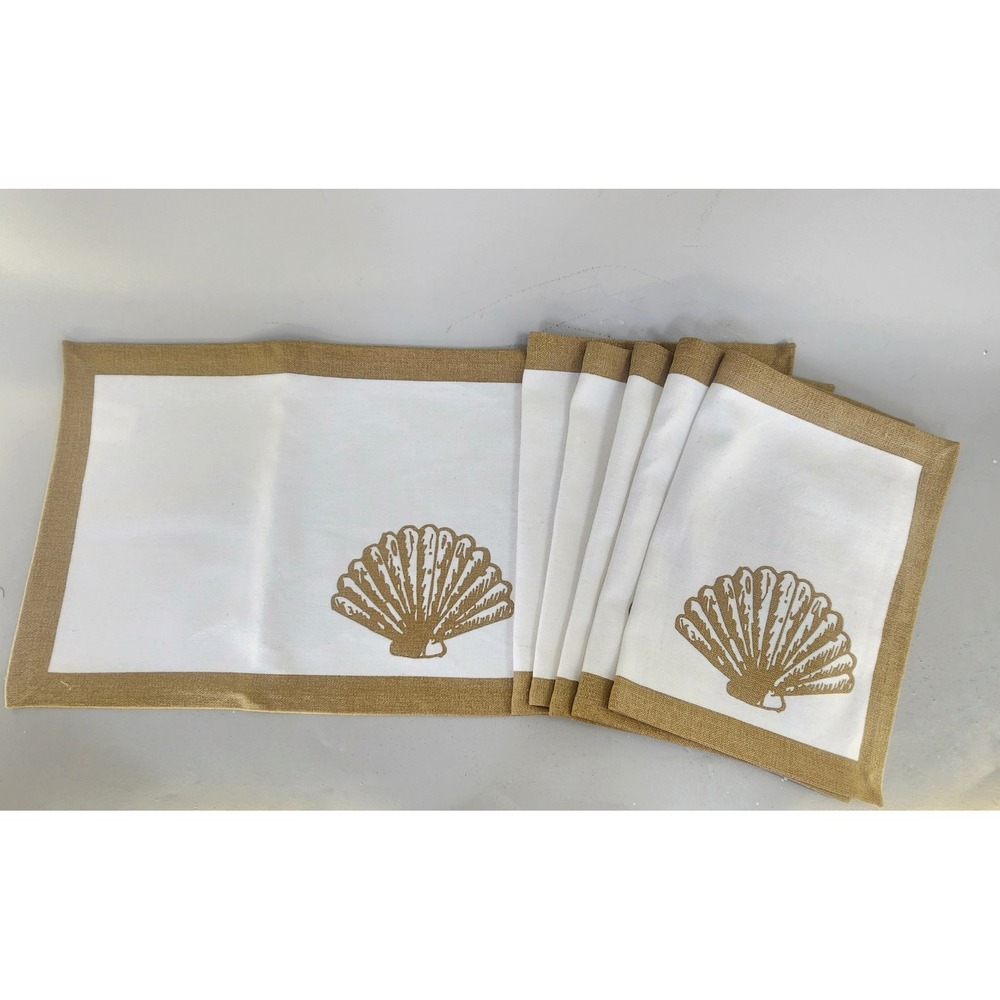 Destination Summer Placemats Set of 6 White Tan Shell Coastal Cotton Beach Boho